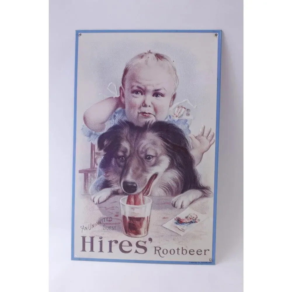 Hires’ Rootbeer, Metal Sign, An Uninvited Guest, Baby with Dog and Glass of Soda